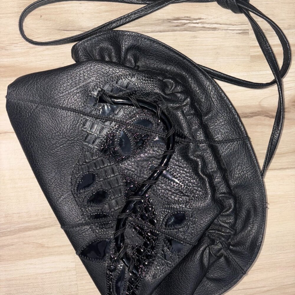 Vintage Black Vegan Leather Crossbody Purse with Patchwork Detail